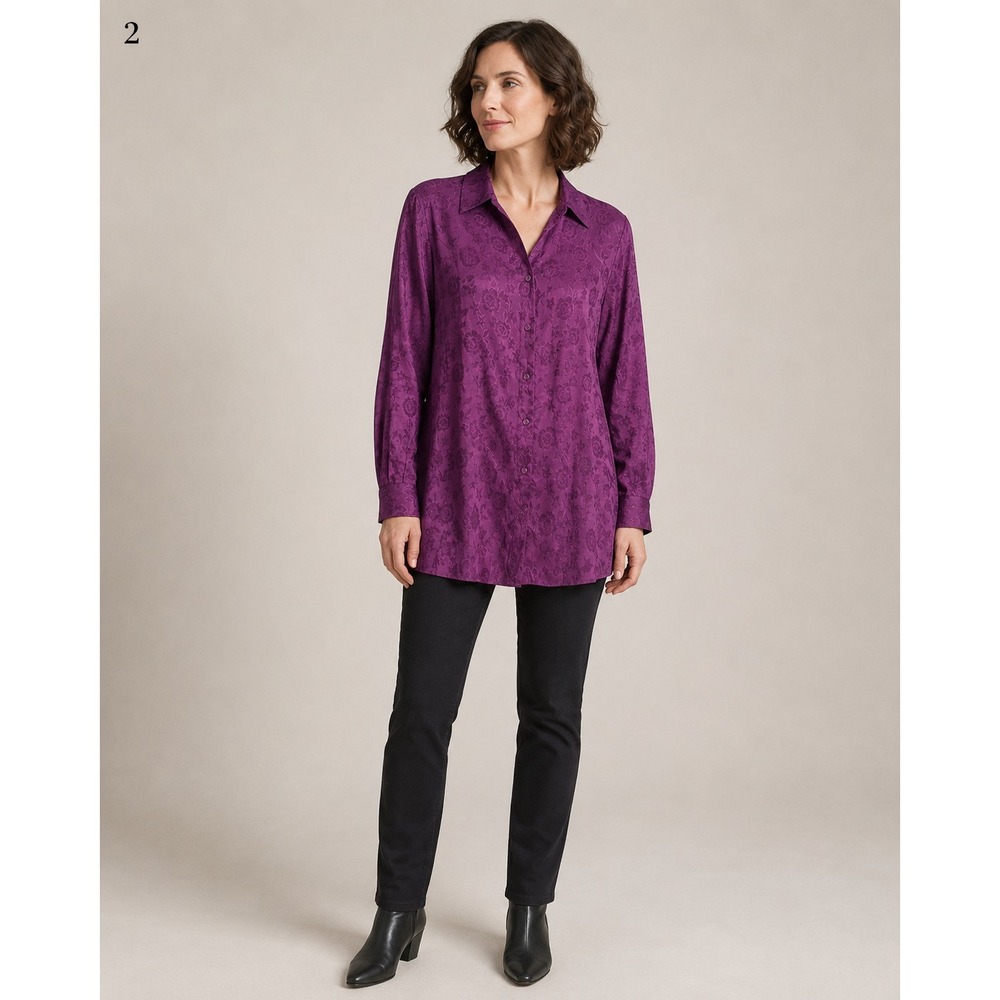Vintage Kathie Lee Woman Button Front Top Womens 14W/16W Purple Floral Satin